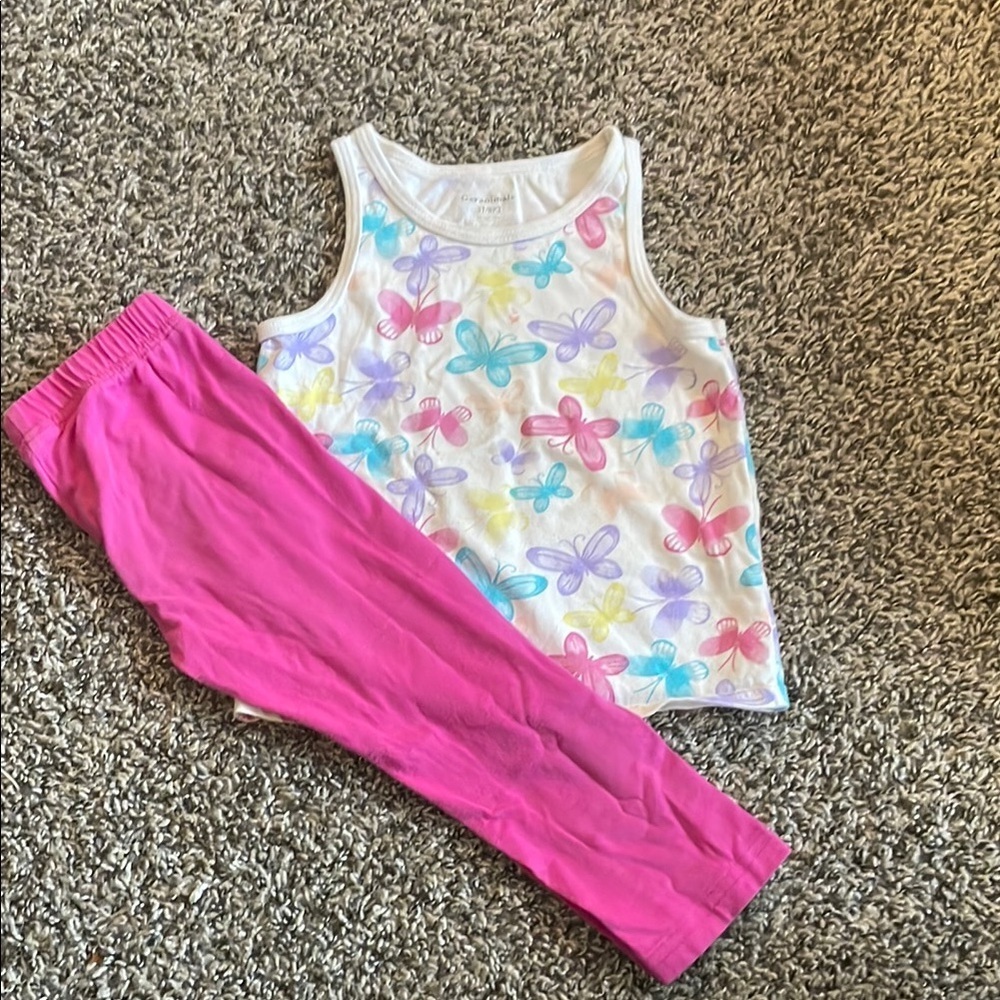 Faded Glory Pink Leggings and Garanimals Multicolor Butterfly White Tank Top